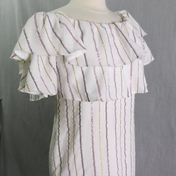 Charles Henry Off Shoulder Dress M White & Metallic Stripe Ruffle Popover Summer - Picture 5 of 16